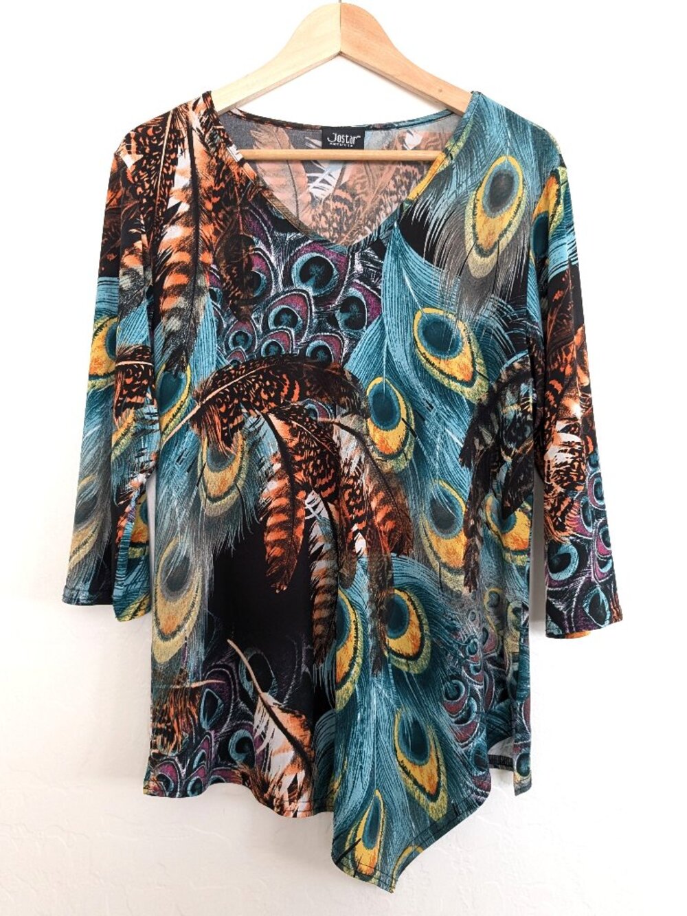 JOSTAR Blouse M Multicolor Peacock Abstract 3/4 Sleeve Asymmetrical Hem Stretch